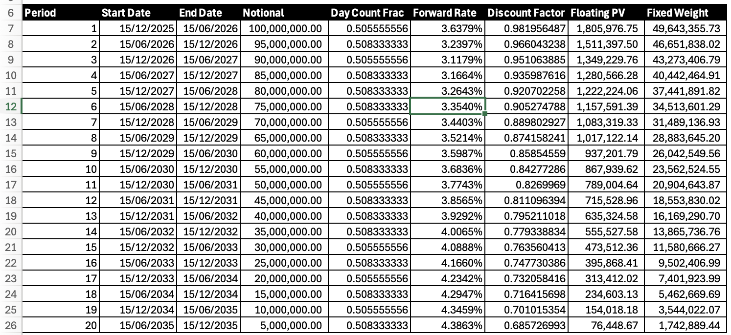 Complete cashflow schedule showing 20 semi-annual periods with forward rates, discount factors, and PV calculations
