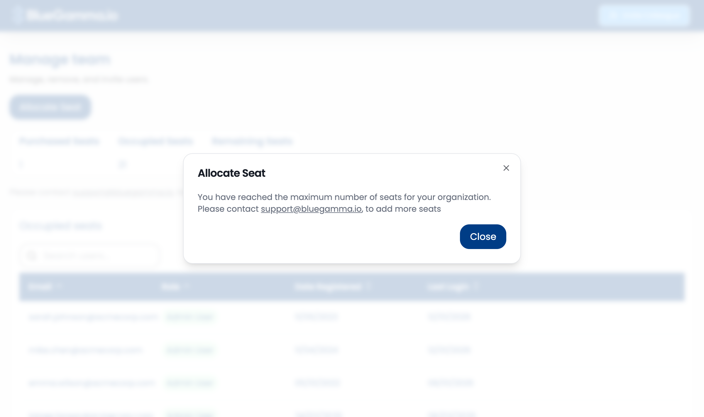 Dialog showing seat limit reached message