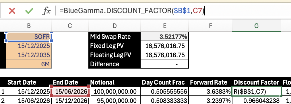 Excel showing BlueGamma.DISCOUNT_FACTOR formula