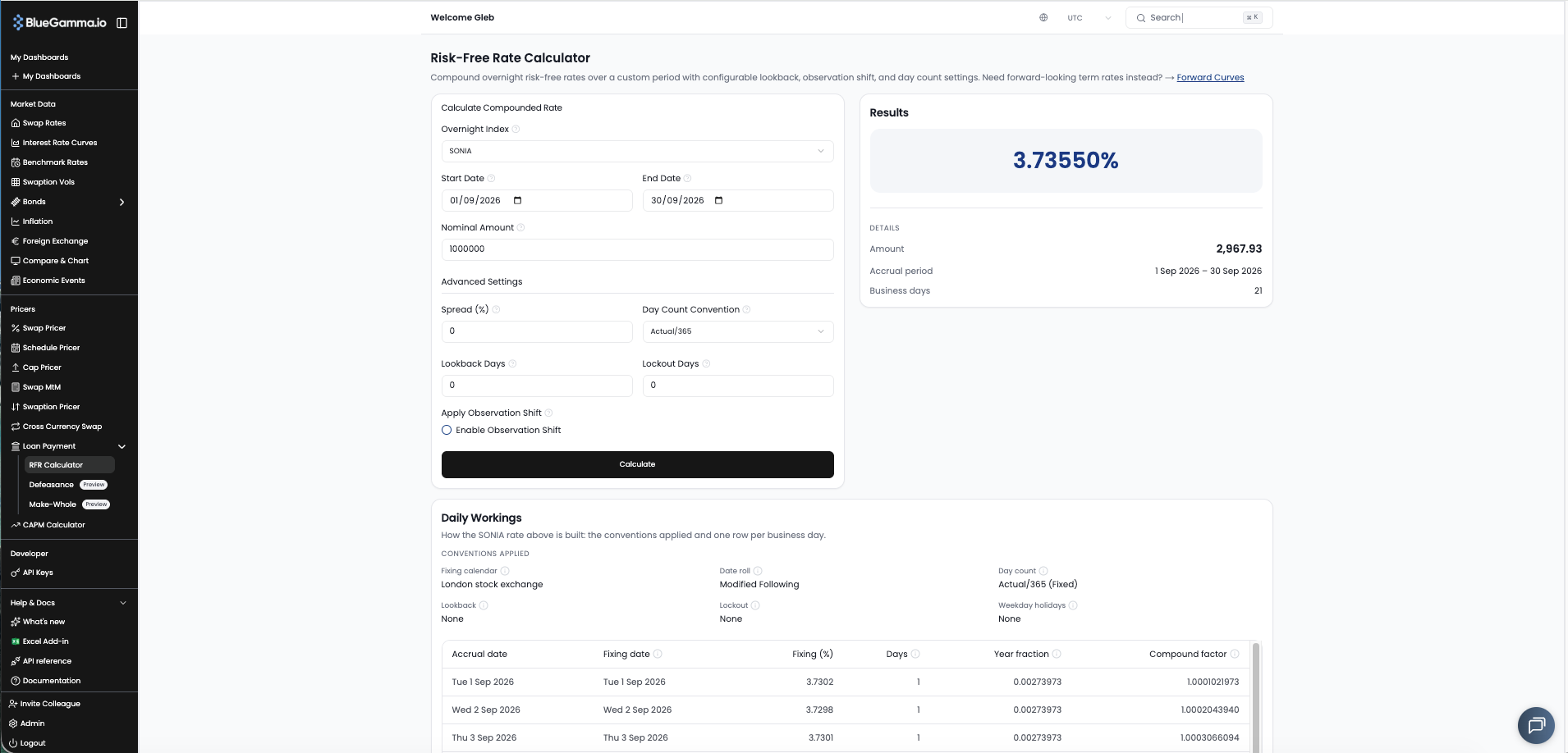 The RFR Calculator with the Daily Workings card