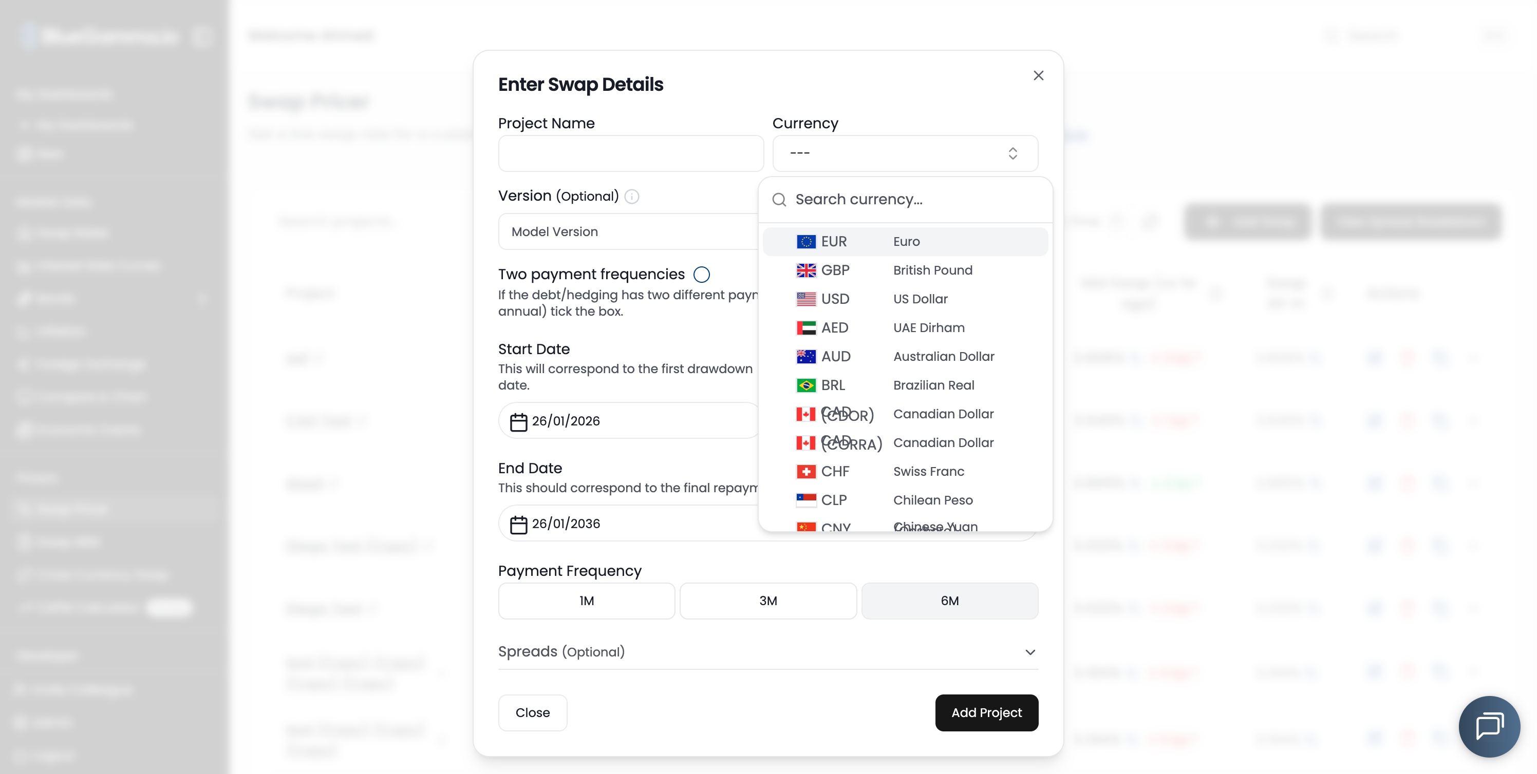 BlueGamma Swap Pricer form showing USD currency selection with 10-year tenor and 6M payment frequency