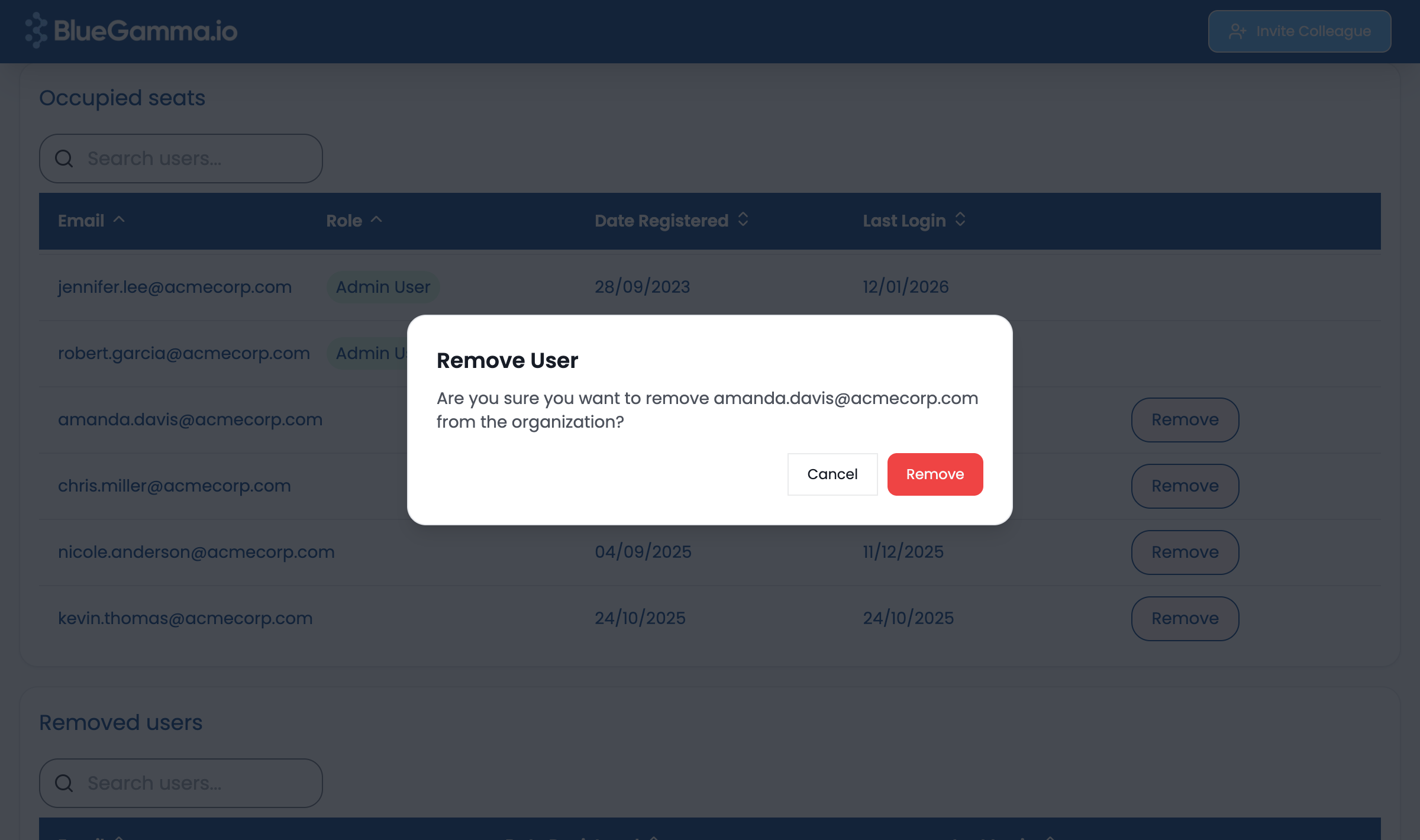 Confirmation dialog for removing a user