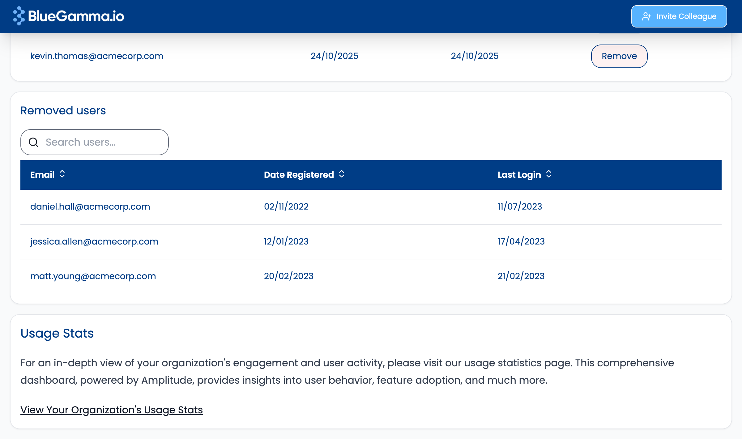 Removed Users section showing previously removed team members