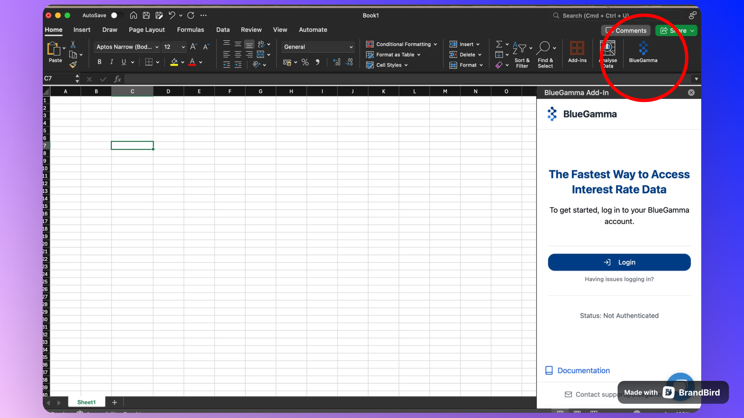 BlueGamma tab in Excel ribbon